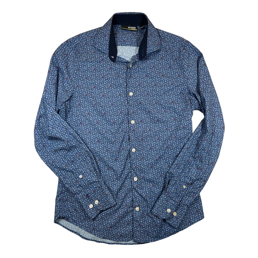 Murano Performance Mens Slim Fit Blue Floral Long Sleeve Button Down Shirt Small